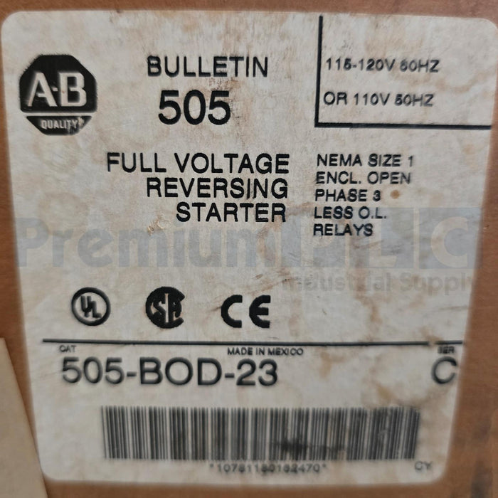 ALLEN BRADLEY 505-BOD-23 /C NEMA SIZE 1 REVERSING STARTER 110-120V 50/60HZ COIL