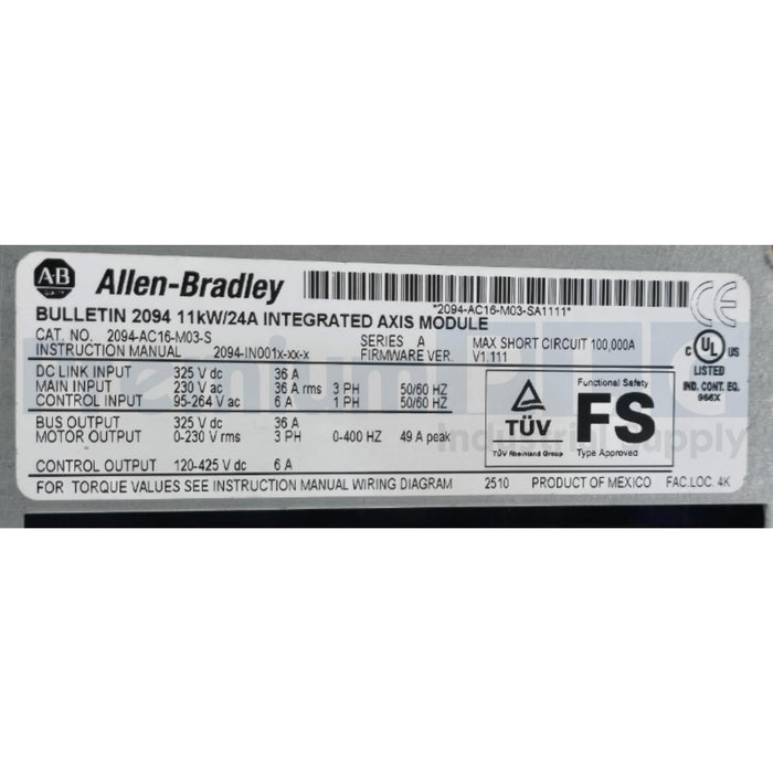ALLEN BRADLEY 2094-AC16-M03-S /A Kinetix 6000 MULTI-AXIS SERVO DRIVE 11kW USPI