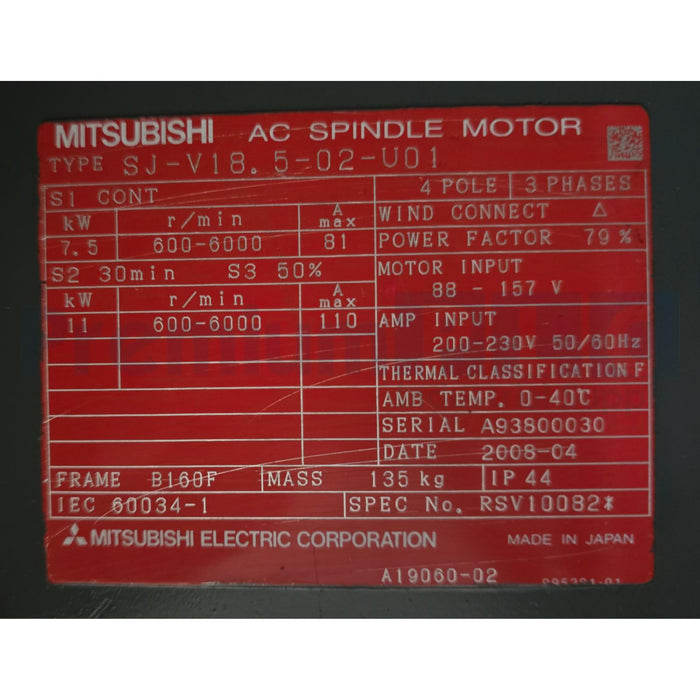 MITSUBISHI SJ-V18.5-02-U01 AC SPINDLE MOTOR 7.5/11kW 230V RSV10082* SJV18502 REP