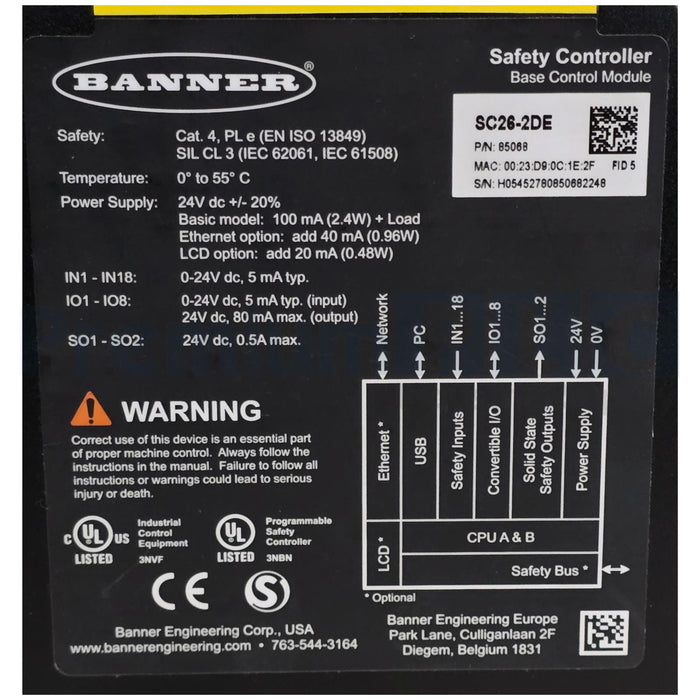 BANNER SC26-2DE SC26 SAFETY CONTROLLER BASE CONTROL MODULE P/N 85068 NUPI