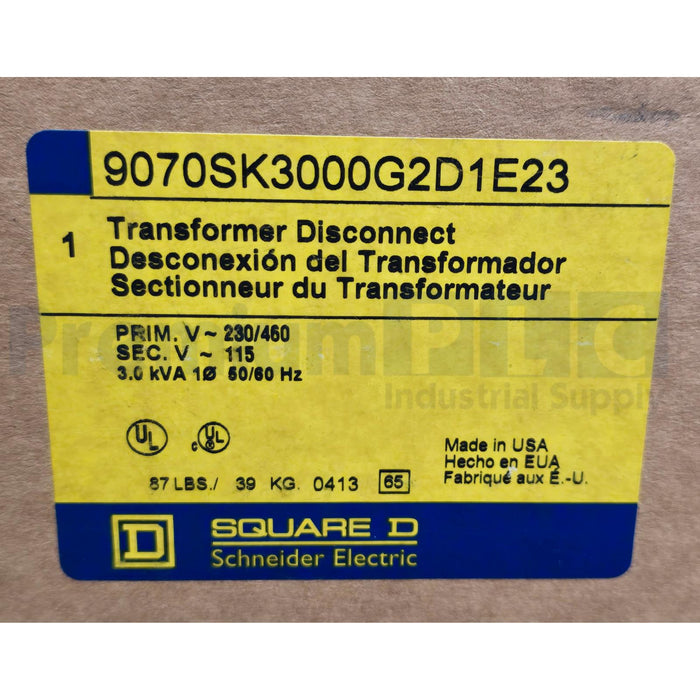 SQUARE D 9070SK3000G2D1E23 9070 TRANSFORMER DISCONNECT 3kVA PRI.240x480V NSMP