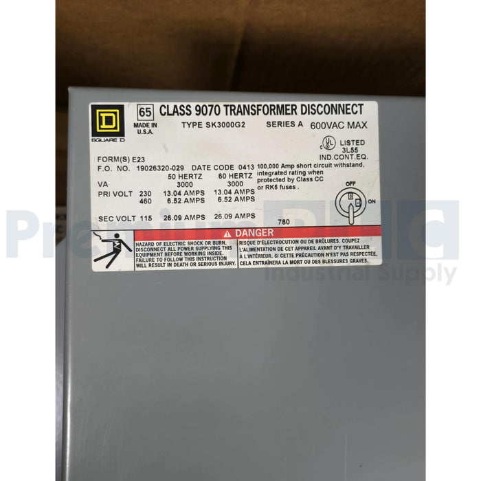 SQUARE D 9070SK3000G2D1E23 9070 TRANSFORMER DISCONNECT 3kVA PRI.240x480V NSMP
