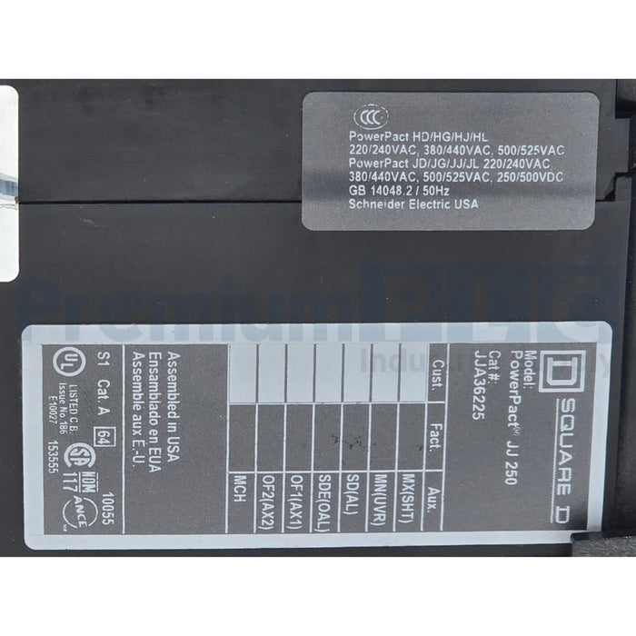 SQUARE D JJA36225 PowerPact JJ 250 CIRCUIT BREAKER 225A, 3-POLE, 600VAC NSNP