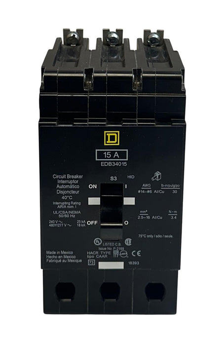 SCHNEIDER SQUARE-D EDB34015 CIRCUIT BREAKER 15A 3P 50/60Hz 480Y/277V NSMP