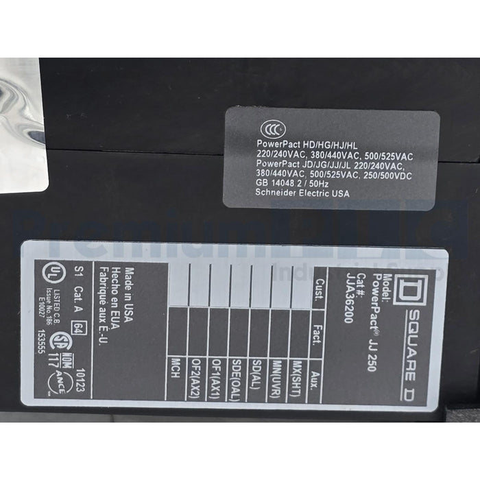 SQUARE D JJA36200 PowerPact JJ 250 CIRCUIT BREAKER 200A, 3-POLE, 600VAC NSNP