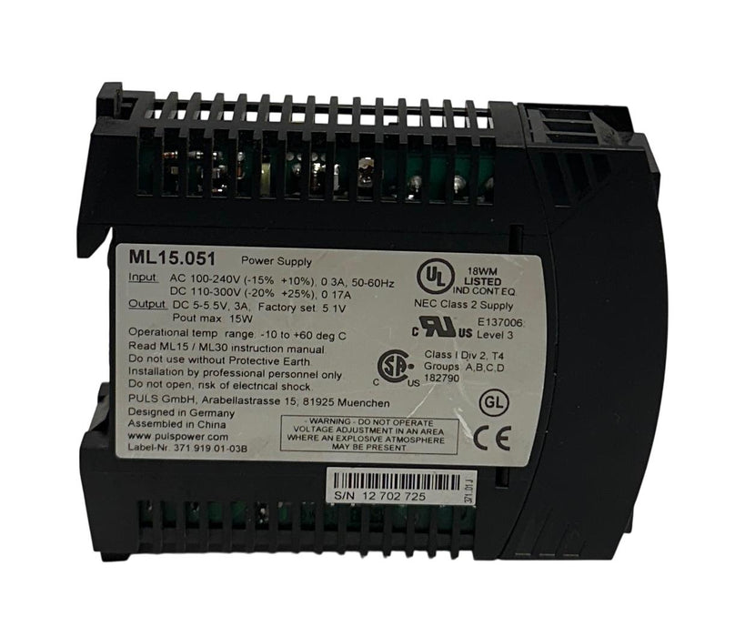 PULS ML15.051 / ML15051 POWER SUPPLY 100-240VAC/110-300VDC IN 5-5.5VDC OUT USNP
