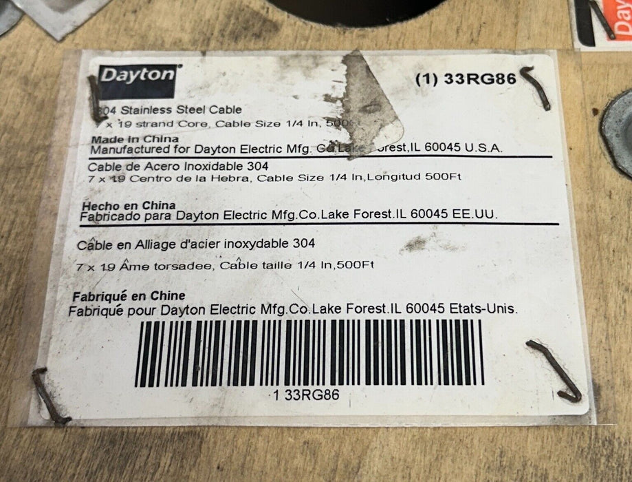 DAYTON 33RG86 STAINLESS STEEL CABLE 304 SIZE 7 x 19 1/4'' 500FT 1280LBS NSMP