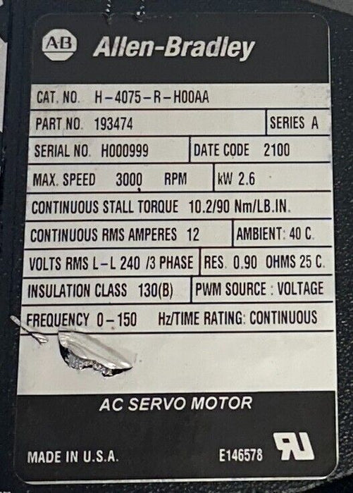 ALLEN BRADLEY H-4075-R-H00AA /A AC SERVO MOTOR ULTRA SERIES 193474 2.6kW USNP