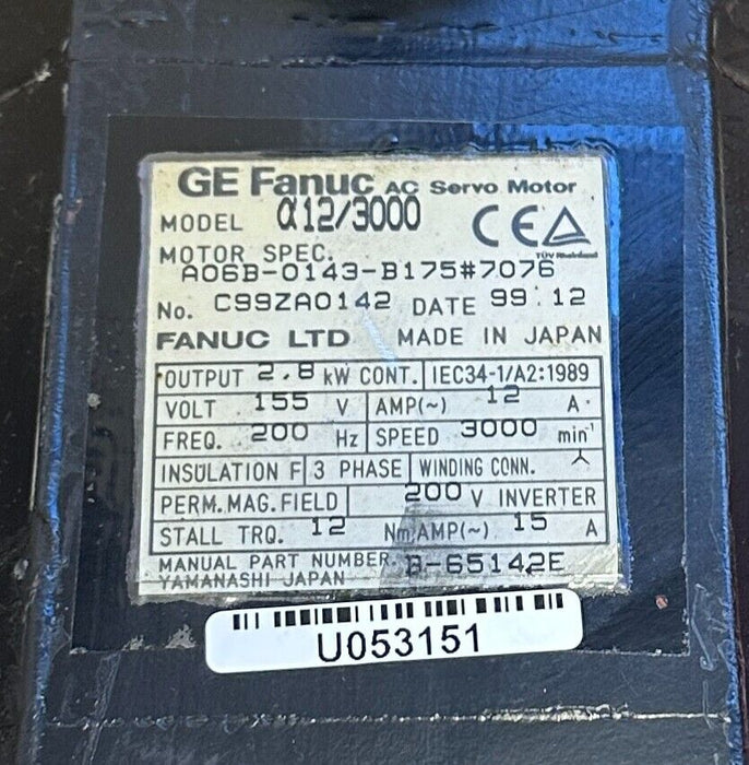 FANUC A06B-0143-B175#7076 / A06B0143B1757076 AC SERVO MOTOR a12/3000 2.8kW REP