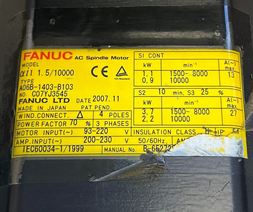 FANUC A06B-1403-B103 / A06B1403B103 AC SPINDLE MOTOR aiI 1.5/1000 4P 3.7kW USNP