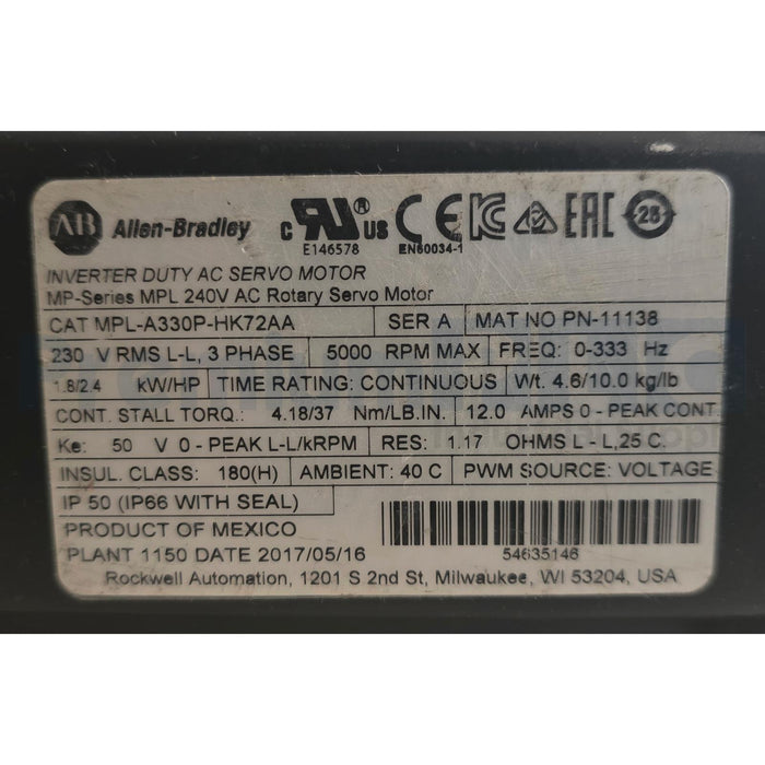 ALLEN BRADLEY MPL-A330P-HK72AA /A MP-Series MPL 240V AC ROTARY SERVO MOTOR NSNP