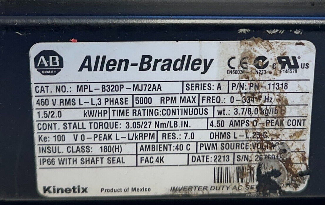 ALLEN BRADLEY MPL-B320P-MJ72AA /A Kinetix AC SERVO MOTOR 1.5kW/2HP 460V USNP
