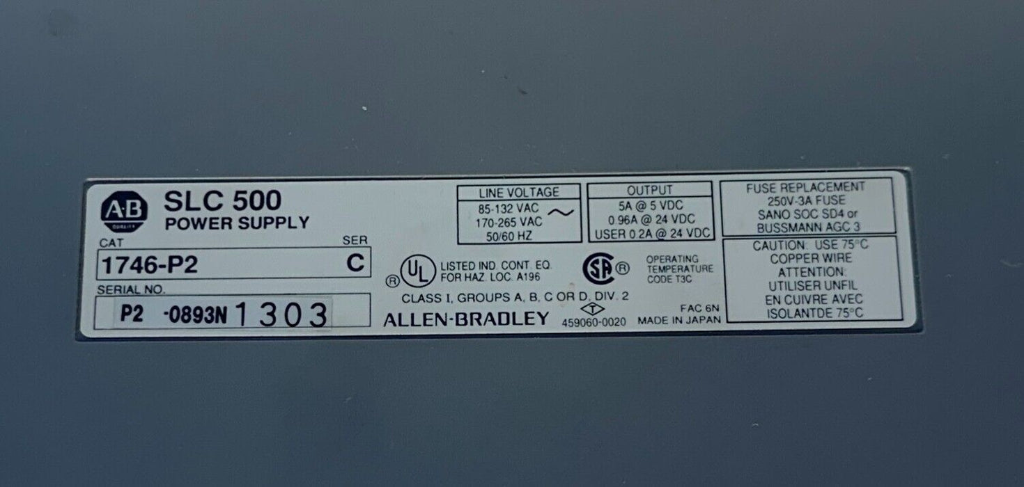 ALLEN BRADLEY 1746-P2 /C SLC 500 POWER SUPPLY W/ 1746-A7 /A SLOT RACK 7SLOT USNP