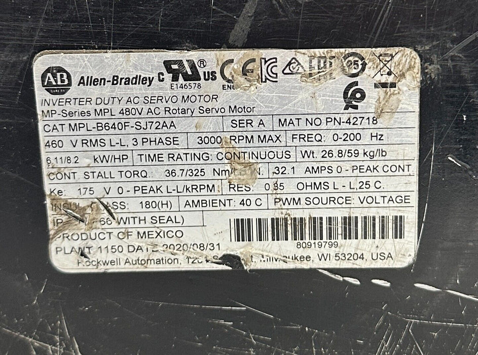 ALLEN BRADLEY MPL-B640F-SJ72AA /A Kinetix AC SERVO MOTOR 6.11kW/8.2HP 3PH NSNP