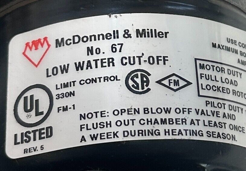 McDONNELL & MILLER No 67 / 205195 LOW WATER CUT-OFF STEAM BOILER 120-240VAC NSNP