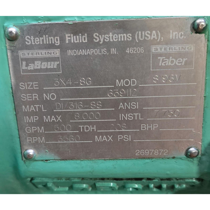 STERLING PEERLESS LaBour 3X4-8G MTP 8196-M 316SS CENTRIFUGAL PUMP 500GPM REFURB