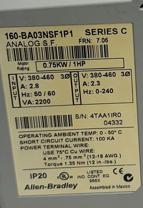 ALLEN BRADLEY 160-BA03NSF1P1 /C VARIABLE SPEED DRIVE SSC SERIES .75kW/1HP USNP