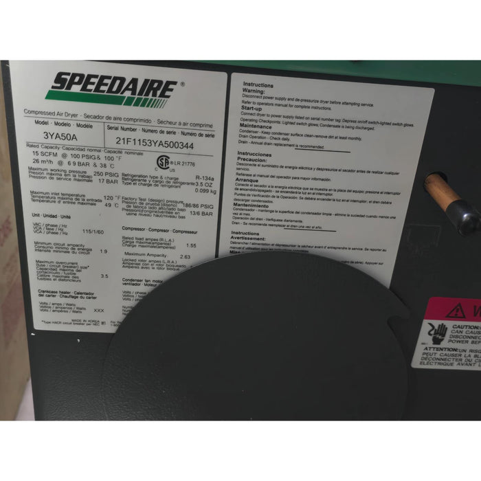SPEEDAIRE 3YA50A REFRIGERATED COMPRESSED AIR DRYER 15SCFM 115V/1PH/60Hz NSMP