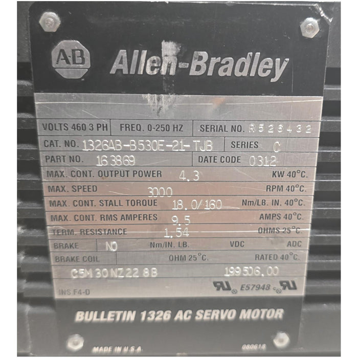 ALLEN BRADLEY 1326AB-B530E-21-TJB /C AC SERVO MOTOR  460V 4.3kW P/N 163869 NSNP