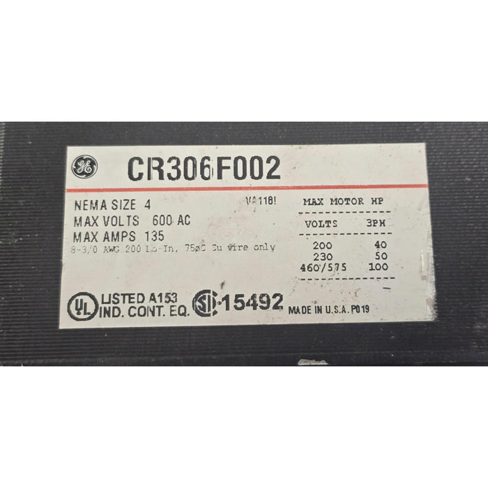 GE GENERAL ELECTRIC CR306F002 NEMA SIZE 4 MAGNETIC STARTER 110/120V COIL NSNP