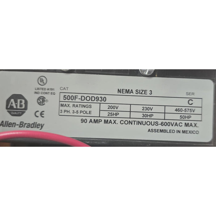ALLEN BRADLEY 509-DOD SER 1 NEMA SIZE 3 STARTER 120V 500F-DOD930 W/592-EUTD NSMP