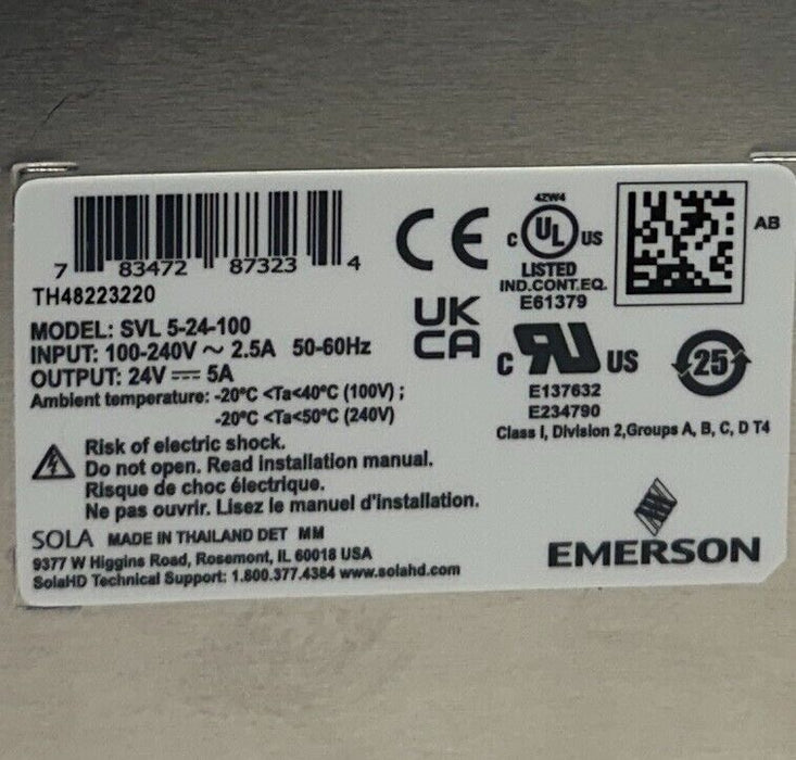 EMERSON SOLA SVL 5-24-100 / SVL524100 SVL SERIES POWER SUPPLY 120W 24V OUT NSMP