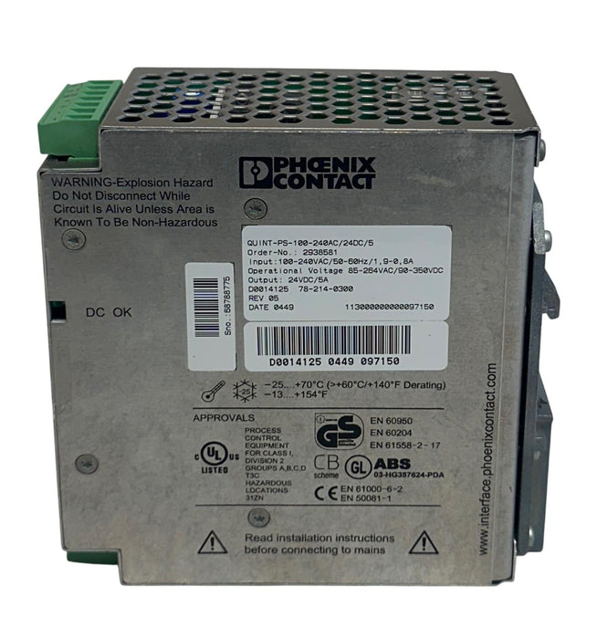 PHOENIX CONTACT QUINT-PS-100-240AC/24DC/5 / 2938581 QUINT POWER SUPPLY 24V USNP
