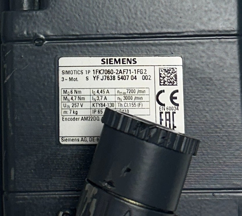SIEMENS 1FK7060-2AF71-1FG2 / 1FK70602AF711FG2 SIMOTICS SERVO MOTOR 257V NSNP