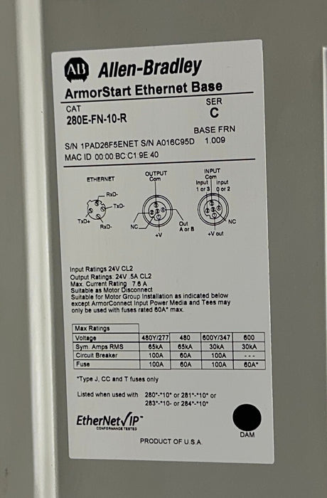 ALLEN BRADLEY 284E-FVD4P0Z-10-RRW-DBW /C ArmorStart 280E-FN-10-R /C Enet NSNP