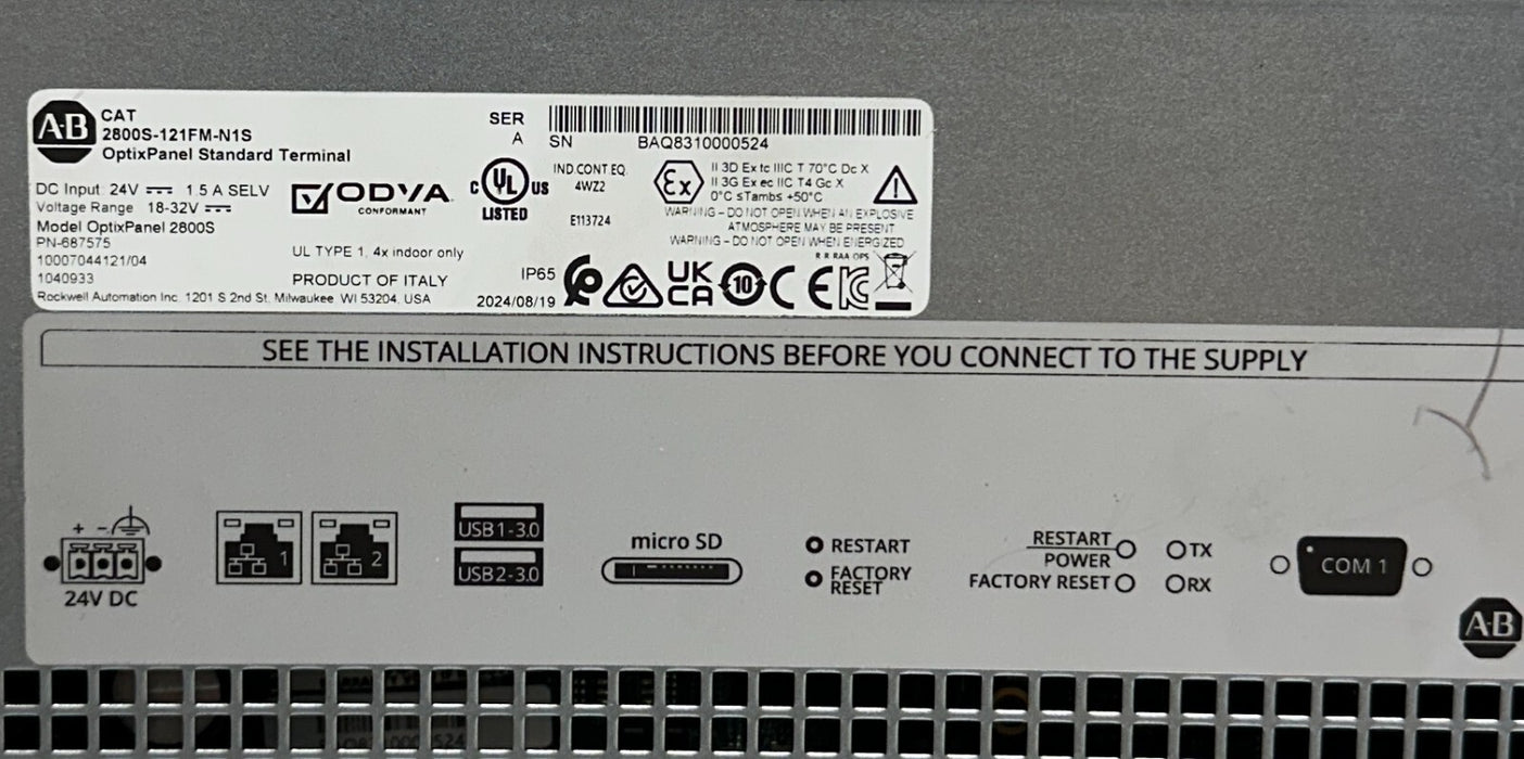 ALLEN BRADLEY 2800S-121FM-N1S /A OptixPanel 2800S TERMINAL MultiTouch 24VDC USNP
