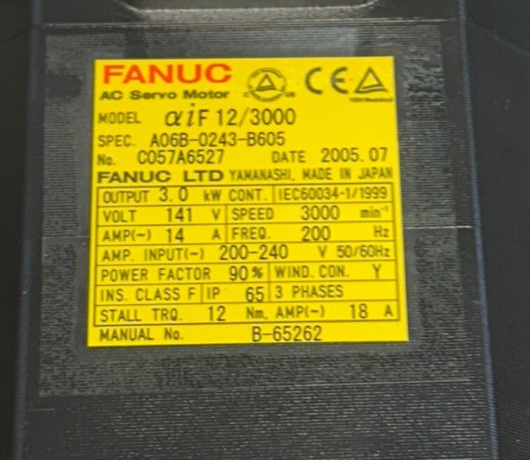 FANUC A06B-0243-B605 / A06B0243B605 AC SERVO MOTOR aiF12/3000 3kW 141V NSNP