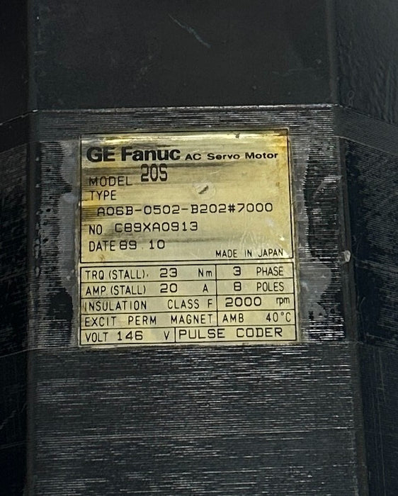 FANUC A06B-0502-B202#7000 / A06B0502B2027000 AC SERVO MOTOR 20S 3PH 146V REFURB