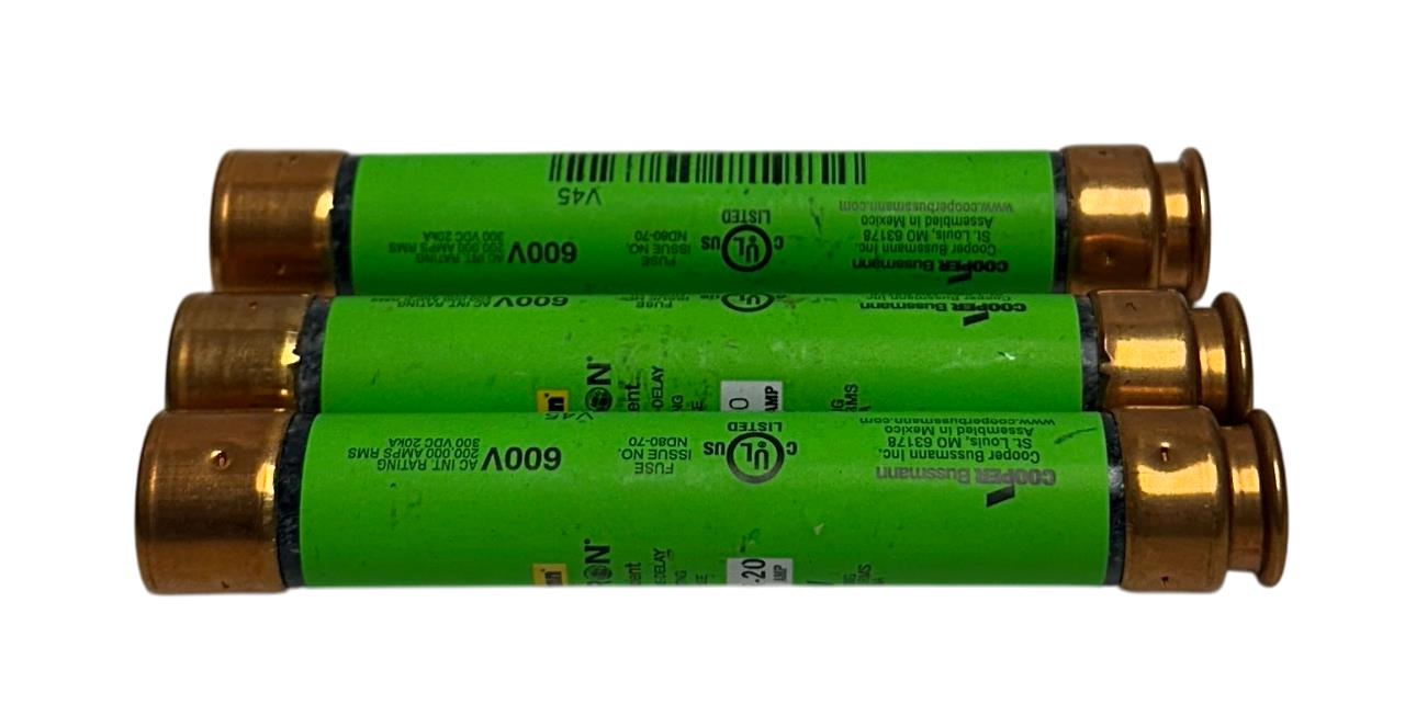 3 BUSSMANN FRS-R-20 / FRSR20 FUSETRON DUAL-ELEMENT FUSES 600V 20A RK5 NSNP
