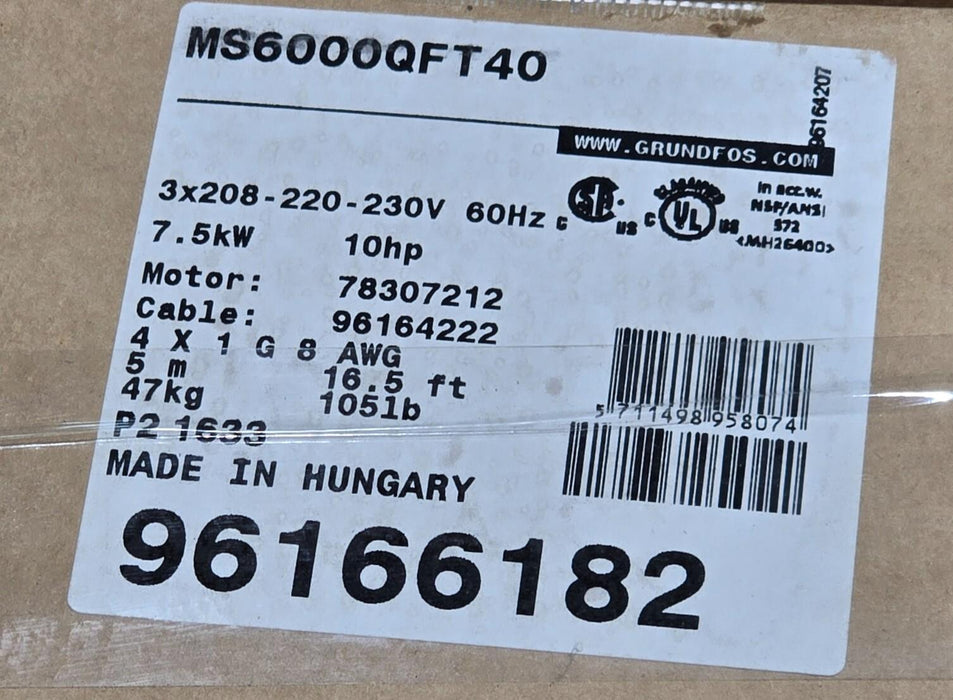 GRUNDFOS MS6000QFT40 - 96166182 MS6000 SUBMERSIBLE PUMP MOTOR 10HP 6" 230V NSMP