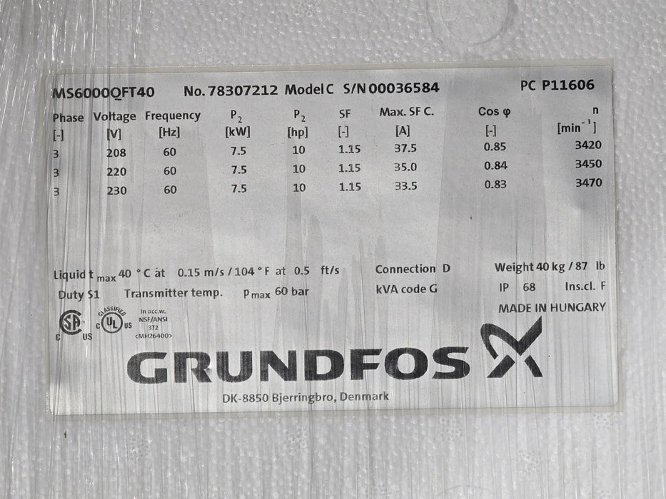 GRUNDFOS MS6000QFT40 - 96166182 MS6000 SUBMERSIBLE PUMP MOTOR 10HP 6" 230V NSMP
