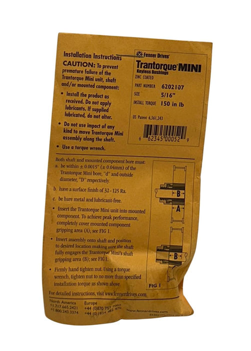 FENNER DRIVES 6202107 Trantorque MINI KEYLESS BUSHING 5/16'' ZINC COATED NSMP