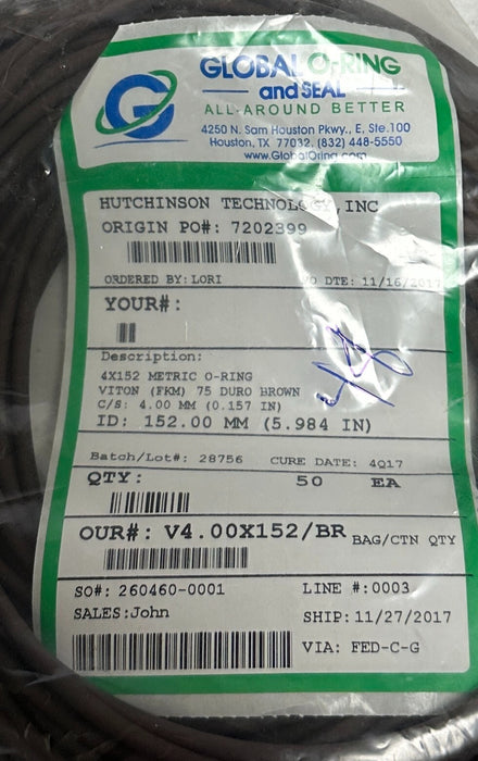 48 GLOBAL O-RING AND SEAL V4.00X152/BR / 4X152 METRIC O-RINGS 152mm 75 DURO NSMP