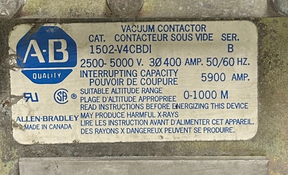ALLEN BRADLEY 1502-V4CBDI /B VACUUM CONTACTOR 2500-5000V 400A 3-PHASE USNP