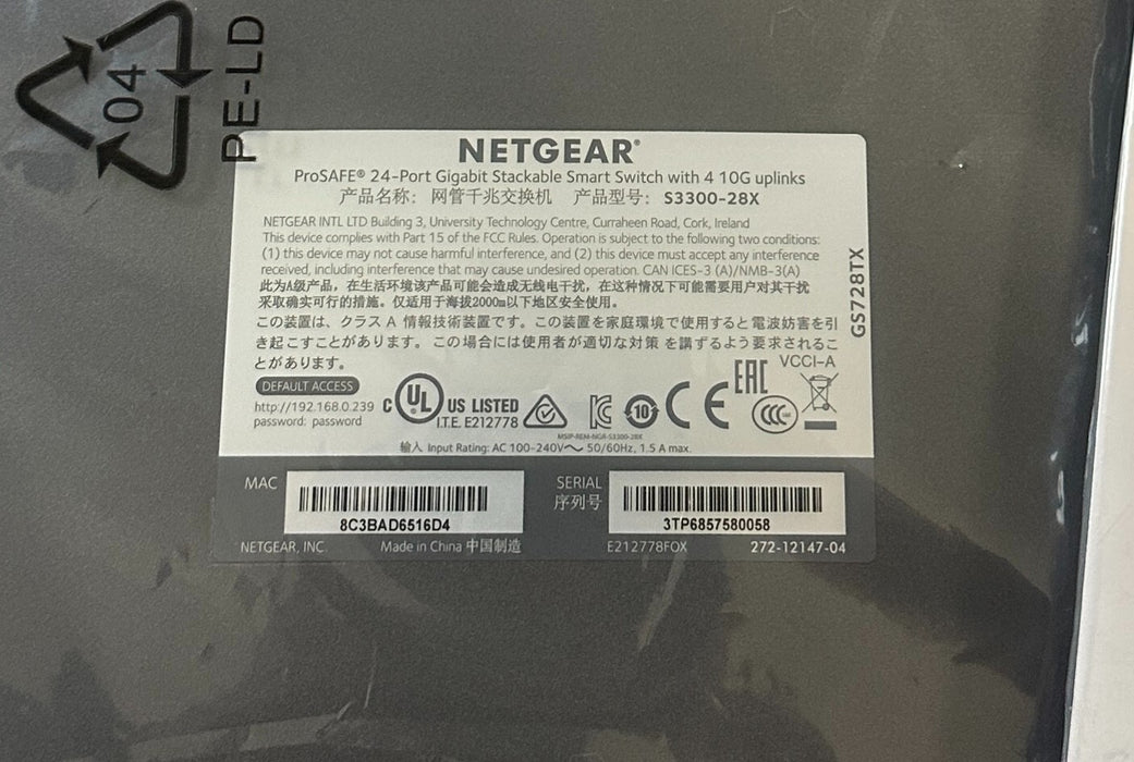 NETGEAR GS728TX-100NES / ProSAFE S3300-28X 24P GE SMART MGD STACK EtherNet NSMP