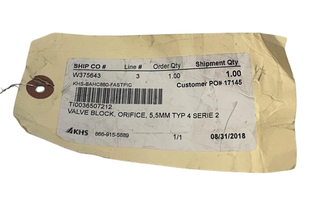 KHS TI0036507212 / TI0036507103 VALVE BLOCK 5.5mm ORIFICE TYPE 4 SERIES 2 NSNP