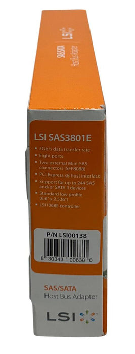 LSI SAS3801E SAS/SATA HOST BUS ADAPTER 3Gb/s 8-PORT LSI00138 SINGLE PACK NSMP