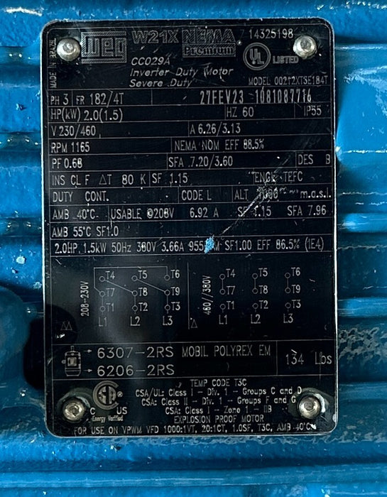 WEG 14325198 / 00212XT3E184T / 2HP06P182/4T EXPLOSION PROOF MOTOR 1.5kW/2HP NSMP