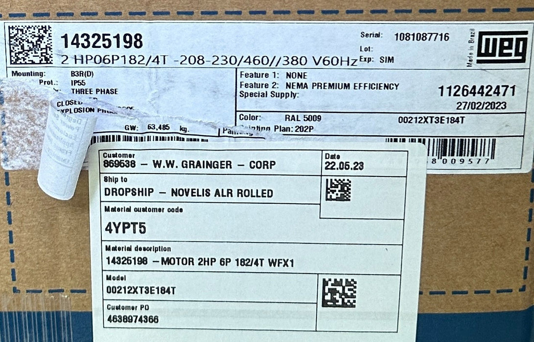 WEG 14325198 / 00212XT3E184T / 2HP06P182/4T EXPLOSION PROOF MOTOR 1.5kW/2HP NSMP