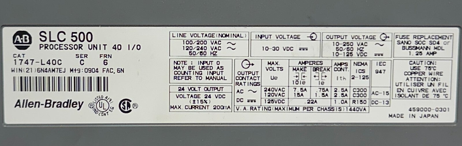 For Parts ALLEN BRADLEY 1747-L40C /C SLC 500 PROCESSOR UNIT 40 I/O FRN: 6 L40C