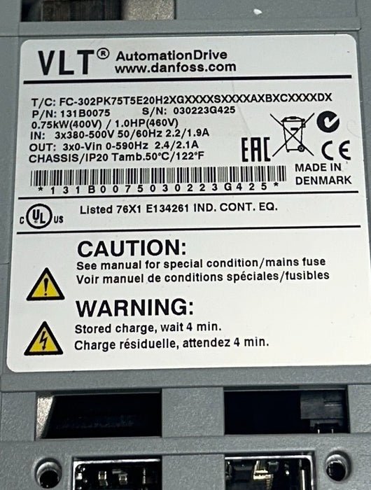 DANFOSS FC-302PK75T5E20H2XGXXXXSXXXXAXBXCXXXXDX / 131B0075 VLT DRIVE 1HP NSMP