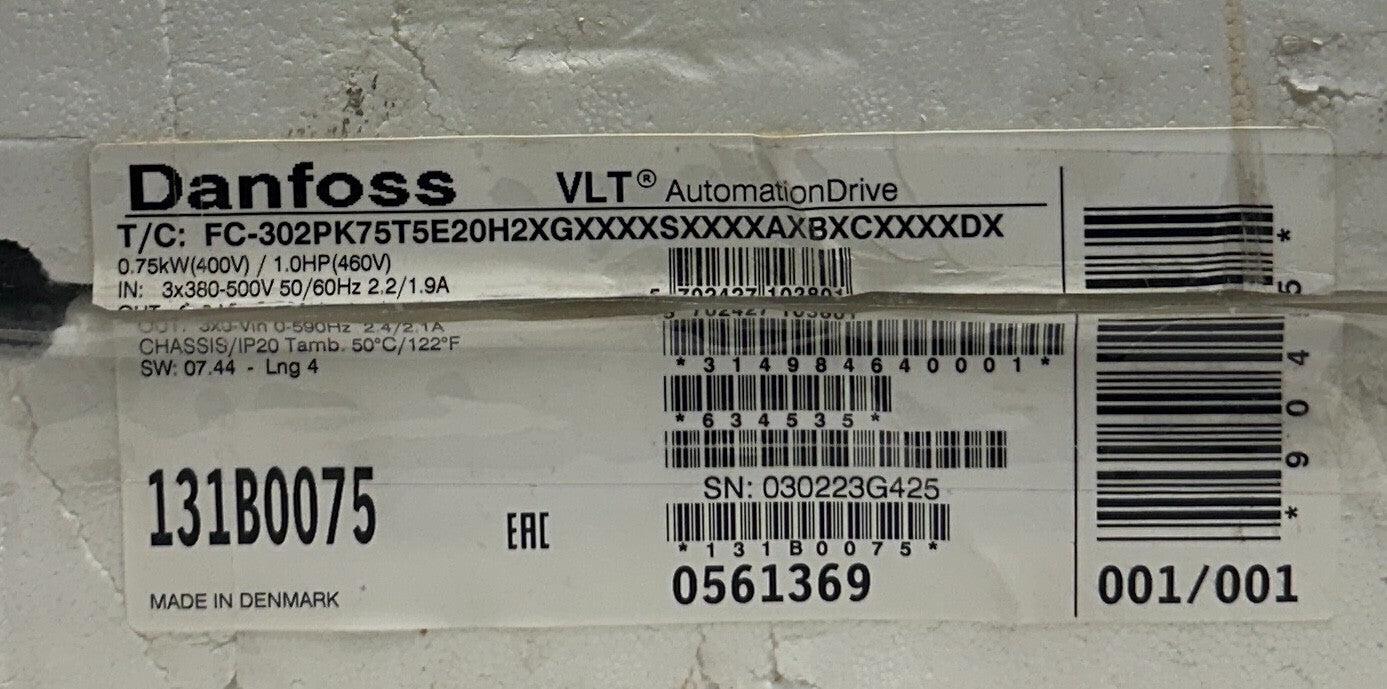 DANFOSS FC-302PK75T5E20H2XGXXXXSXXXXAXBXCXXXXDX / 131B0075 VLT DRIVE 1HP NSMP