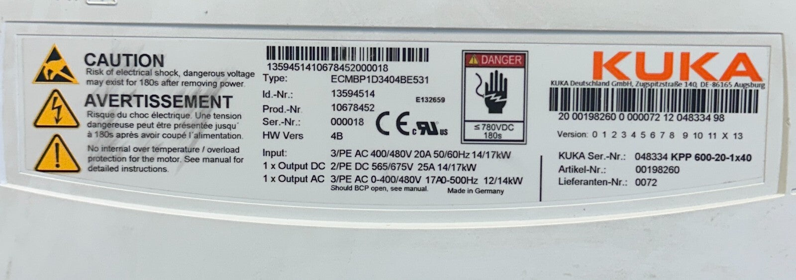 For Parts KUKA ECMBP1D3404BE531 / 13594514 / KPP 600-20-1x40 POWER PACK DRIVE