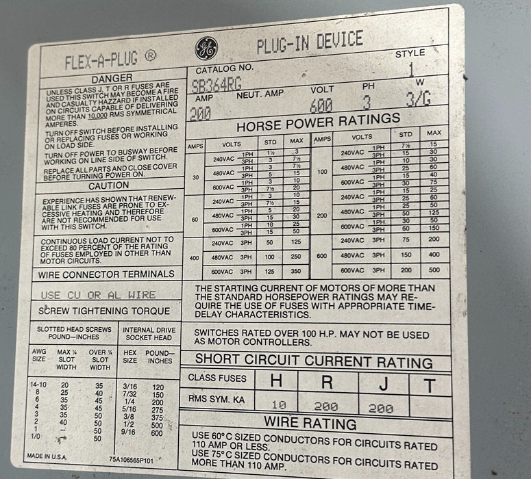 GENERAL ELECTRIC GE SB364RG SPECTRA SERIES BUS PLUG 200A 600V 3PH 3/G USNP