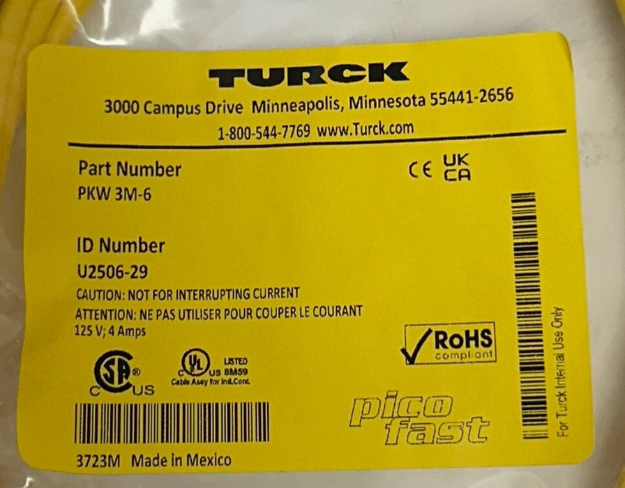 2 TURCK PKW 3M-6 / U2506-29 SINGLE-ENDED PICOFAST CORDSETS 3M YELLOW NSFS