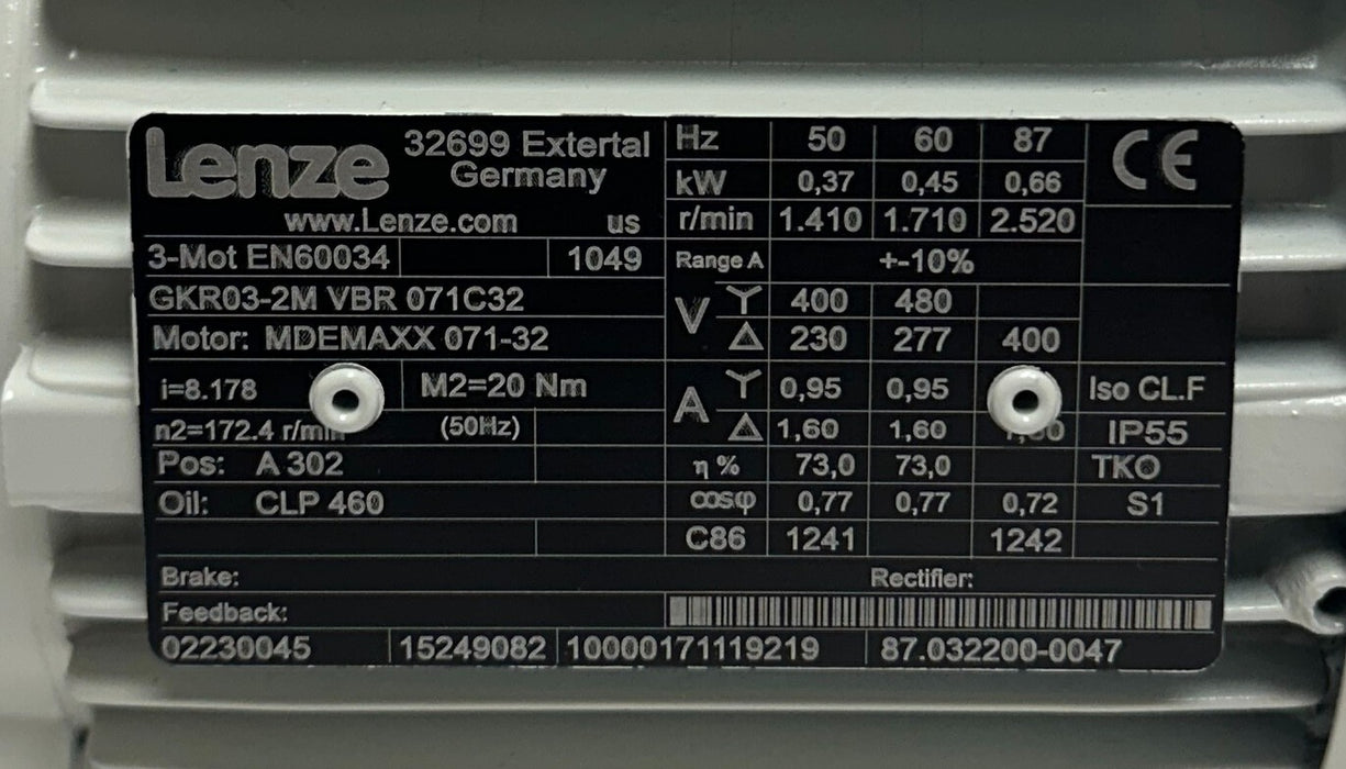 LENZE GKR03-2M VBR 071C32 / MDEMAXX 071-32 GEARMOTOR BEVEL GEARBOX 15249082 NSNP